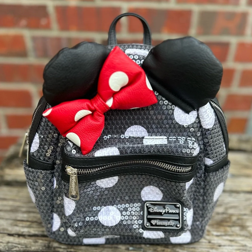 Disney Parks Loungefly Minnie Mouse Sequined Black White Polka Dot Mini Backpack - Picture 7 of 12